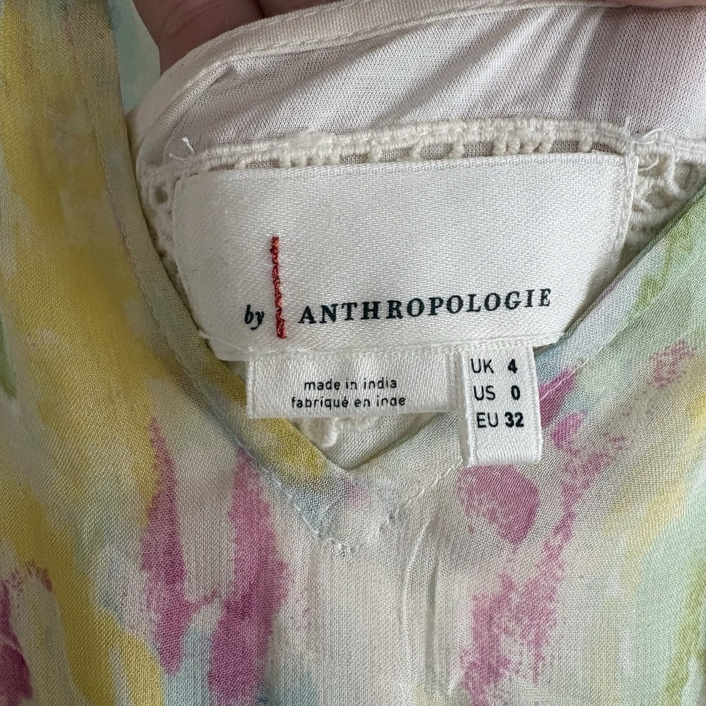 Anthropologie Dress Women 0 Watercolor Smocked Waist Flounce Hem Split Neck Maxi - Picture 8 of 8